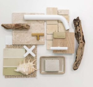 Coastal mood board ideas with travertine tiles and beach samples