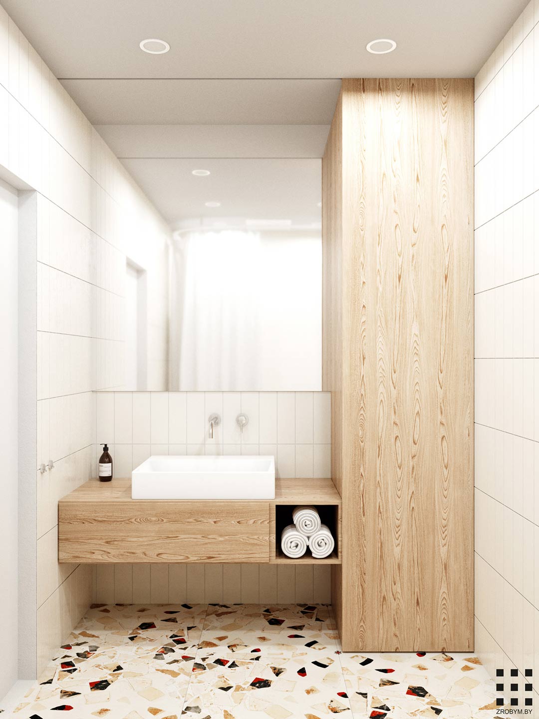 Small laundry Ideas a bathroom and laundry combination with warm timber sliding door to conceal the washing machine and terrazo floor