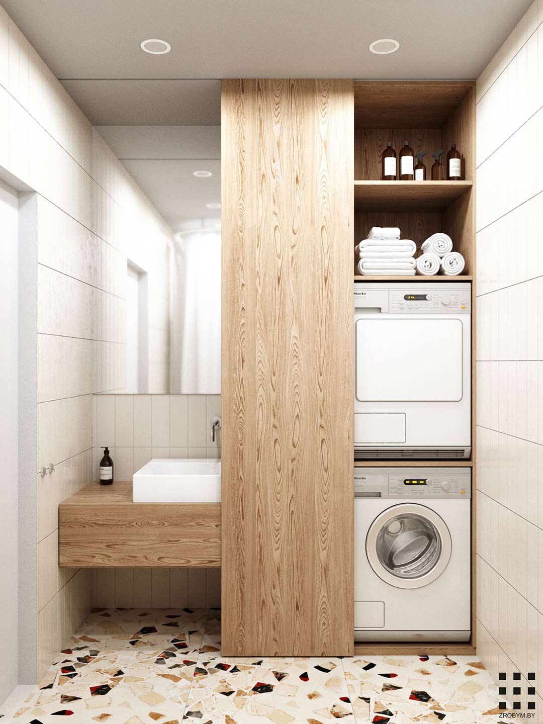 Small laundry Ideas a bathroom combined with laundry with warm timber sliding door to conceal the washing machine and terrazo floor