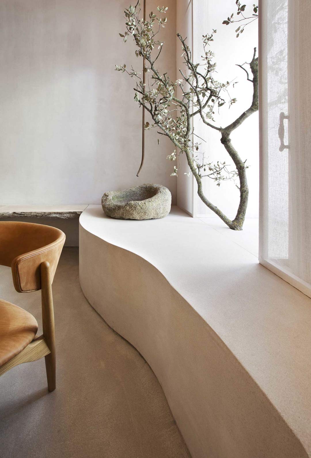 Wabi sabi interior design with stone timber and indoor tree