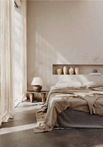Wabi sabi minimal bedroom design with neutral colour palette