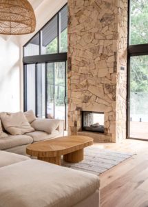 What are the elements and principles of interior design modern warm living room with stone feature fireplace