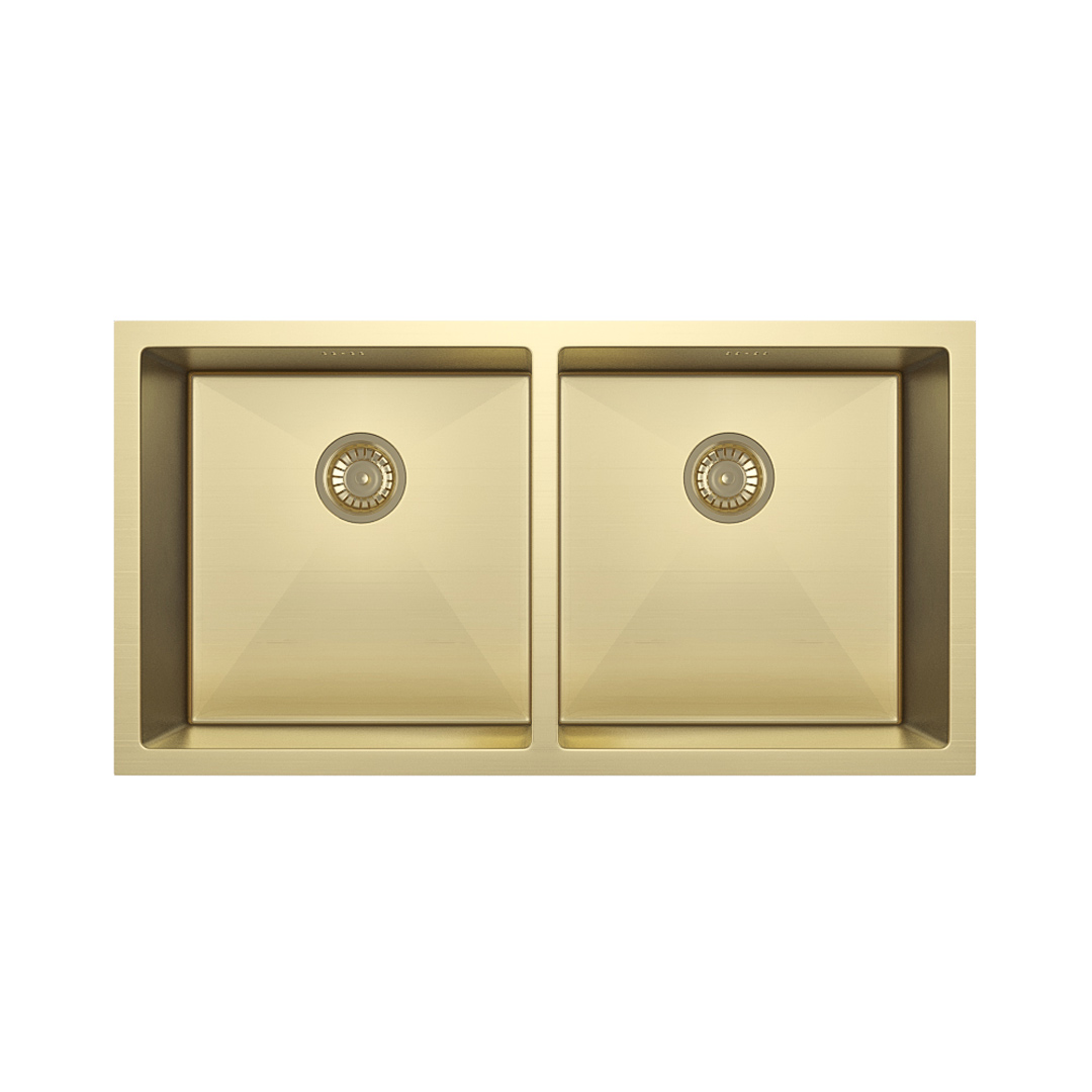 Zalo Kitchen Sink Double 855mm with Racks and Overflow – Brushed Brass